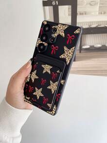 1 pieza Funda de teléfono a prueba de golpes de Body completo con diseño de estrella y lazo rojo de estampado de leopardo en TPU negro y 1 pieza Soporte de tarjeta adhesivo con diseño de estrella y lazo rojo de estampado de leopardo negro, 2 en 1 moda versátil creativa protección completa a prueba de polvo y agua, funda suave compatible con iPhone/Android - Multicolor - Ver 3
