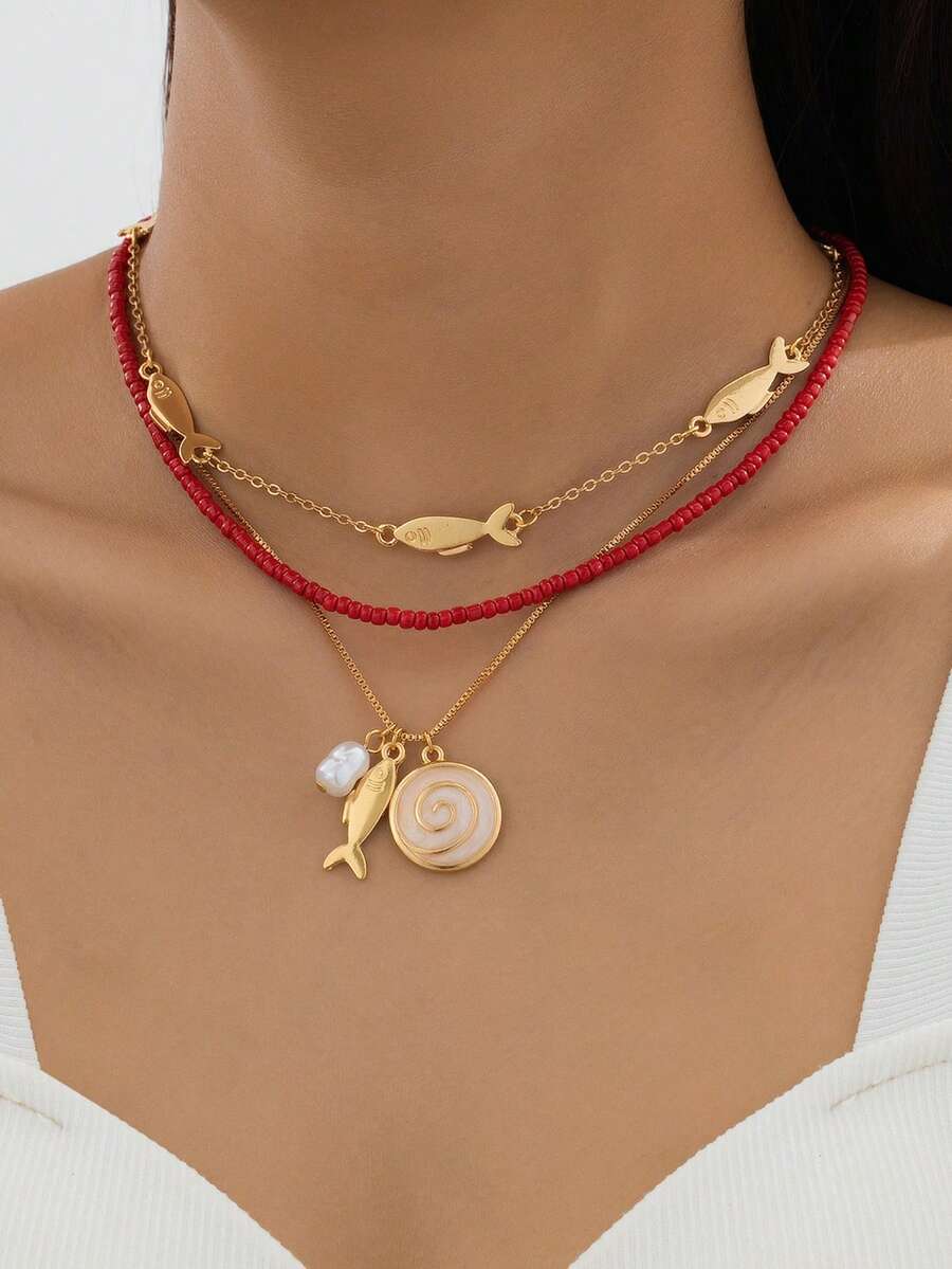 Bộ 3 dây chuyền mặt hình cá đính cườm phong cách Bohemian chủ đề đại dương, phụ kiện mùa hè dành cho nữ. - Đỏ - Xem 1