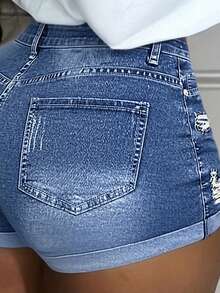 Womens High Waisted Stretchy Denim Dressy Sexy Butt-Lifting Shorts(The Size Is Too Small, It Is Recommended To Take One Size Larger) - màu xanh vừa - Xem 4