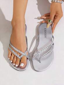 Dép xỏ ngón đế bằng màu bạc dệt kim thời trang và thanh lịch dành cho nữ, thích hợp cho mùa hè, đi biển và du lịch. - Bạc - Xem 6