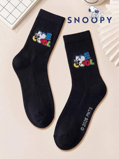 SNOOPY 1双正品史努比男士夏季黑色中筒袜，可爱卡通图案，时尚透气，具有除臭和吸湿功能，休闲百搭的运动中筒袜，适合学生和成人穿着，是日常穿着和送礼的理想之选。