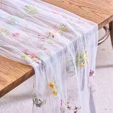 Embroidered Sage Green Tulle Table Runner With Butterfly Flower Design | Ideal For Weddings, Spring/Summer Parties, And Various Occasions, Polyester Fabric - Small Floral Pattern - View 16