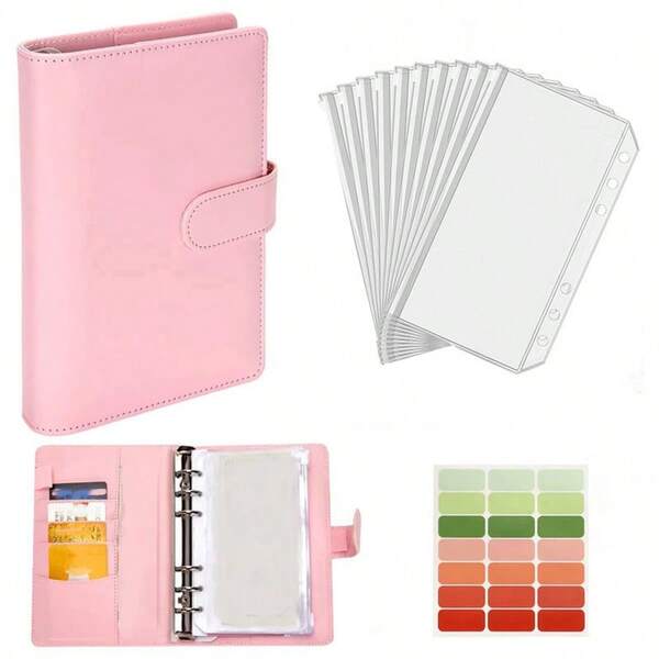 10 túi zip, 1 sticker, sổ tay ngân sách A6 nhiều màu, sổ kế hoạch 6 vòng bằng da PU kèm túi đựng trong suốt + sticker phân loại, phong bì đựng tiền mặt, sổ tay kế toán tài chính.
