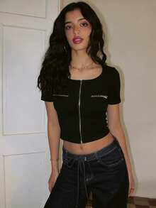 Summer Y2K Style Zip-Up Solid Color Square Neck Short-Sleeved Slim Fit Casual Women's T-Shirt - Black - View 6