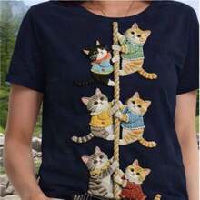Women's Short-Sleeved T-Shirt With A Cute Kitten Climbing A Rope Print - Plain, Standard Size, Machine Washable, Ideal For Casual Wear In Spring, Summer, And Autumn. - Navy Blue - View 1