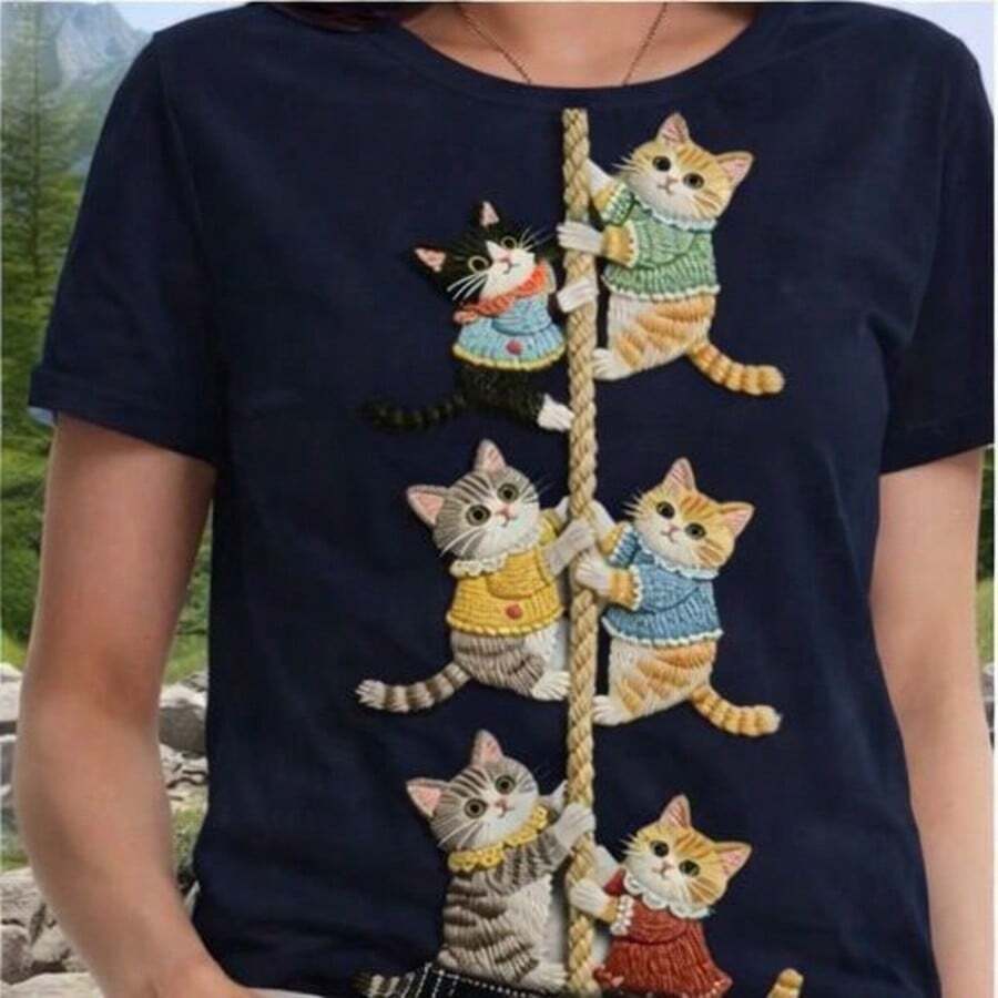 Women's Short-Sleeved T-Shirt With A Cute Kitten Climbing A Rope Print - Plain, Standard Size, Machine Washable, Ideal For Casual Wear In Spring, Summer, And Autumn. - Navy Blue - View 1