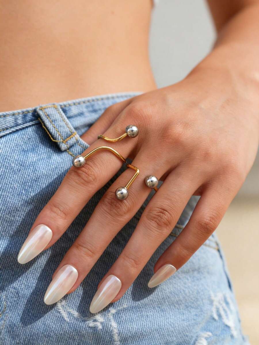 Uself 1/2pcs Stainless Steel Fashion Line Beaded Design Rings, 18K Gold Plated Waterproof Everyday/Vacation Wear Jewelry For Women