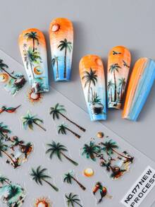 2pcs/Set Summer Beach Sunset Floral, Coconut Tree Nail Art Stickers, Tropical Rainforest Plant Petal Palm Leaf Flamingo 3D Thin Durable Nail Decals DIY Decoration For Party/Holiday Manicure - Multicolor - View 4