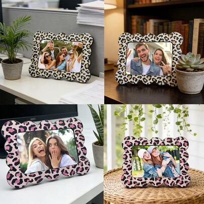 1/2 piezas Marco de fotos de madera con estampado animal de moda, diseño vintage de leopardo, soporte de exhibición de fotos independiente duradero, adecuado para decoración de sala de estar, dormitorio, escritorio, estantería