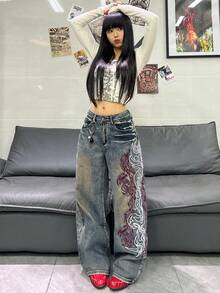 1pc Women's Loose Fit Embroidered Wide Leg Jeans, Comfortable Casual High Street Versatile Denim Pants (Belt/Accessories Not Included) - Bronze - View 8