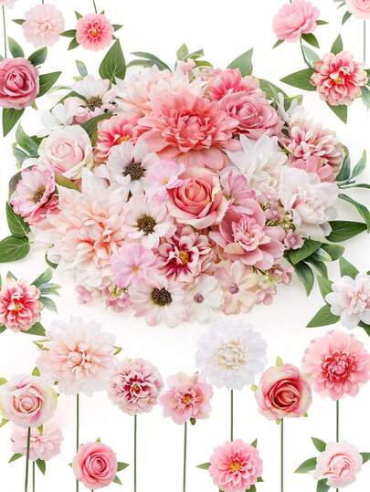 42朵人造春夏装饰花头，混合仿真牡丹、玫瑰和其他粉色花朵，带茎叶，丝绸雏菊手工制作，适合DIY花环、婚礼、派对、家居装饰，四季皆宜。