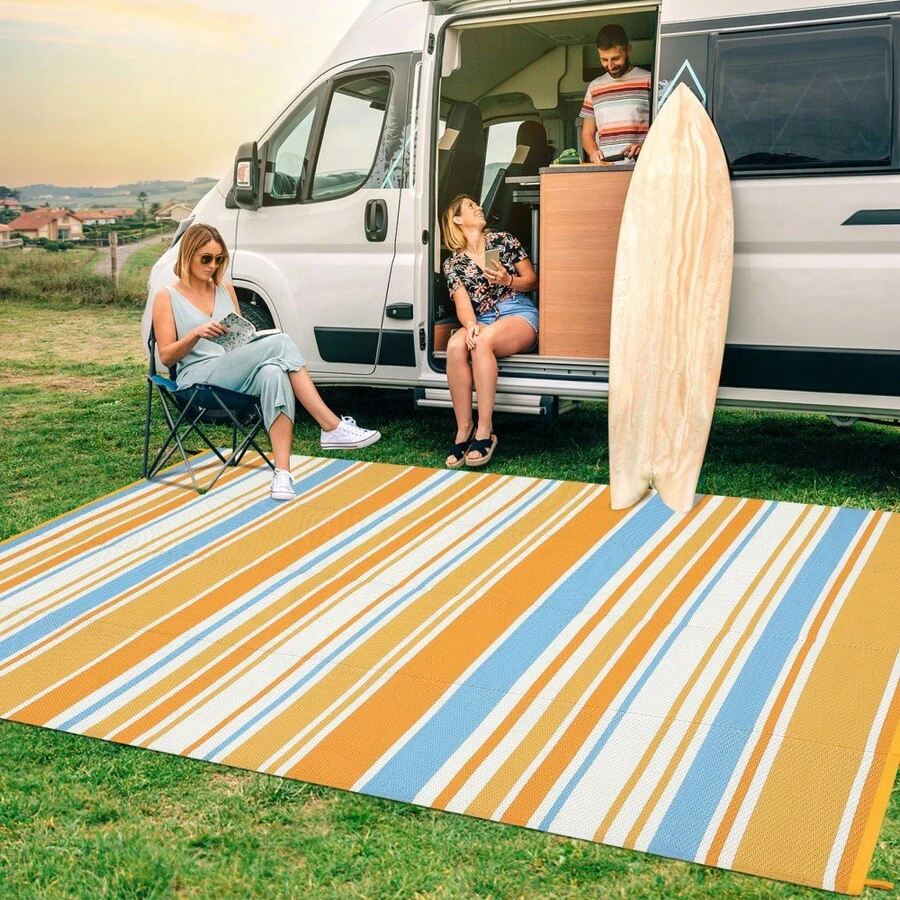Striped Outdoor Area Rug, Waterproof Outdoor Rug,Reversible Outdoor Rugs, Patio Plastic UV Resistant Garden Rug, Plastic Straw Rug With Portable Bag For Front Door, Kitchen, Entryway, Patio, Porch - Blue/Orange/Yellow/White-9*12ft(274*366cm) - View 1