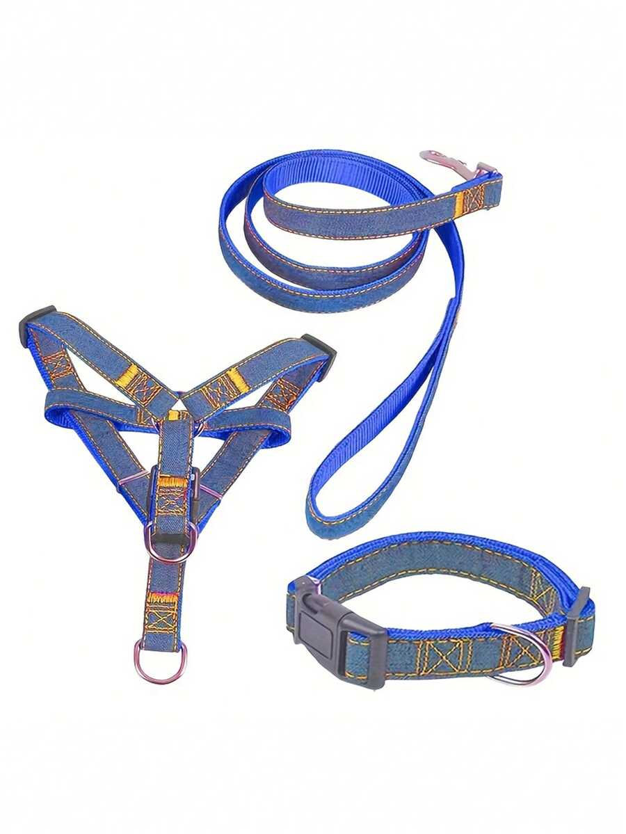 Pet Leash & Harness Set, Denim Chest Strap, Dog Collar, Leash, Suitable For Small To Medium Dogs