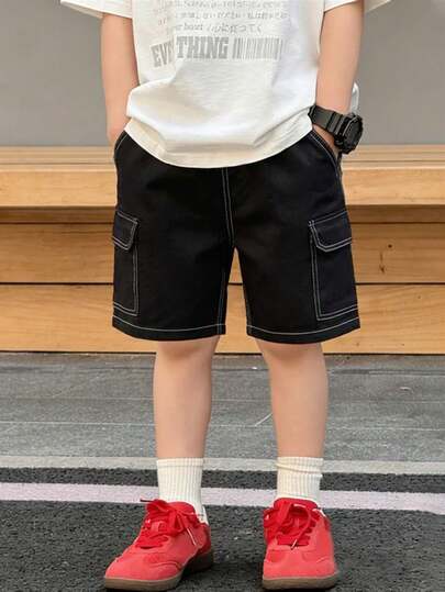 1pc Tween Boys' American Casual Cargo Shorts, Loose Fit Wide Pockets Design
