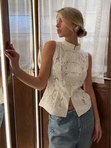 Women Long Sleeve Mandarin Collar Guipure Split Blouse Top Lace Floral Puff Sleeve Button-Down Shirt Slim Fit Elegant Sheer Tops Party Clubwear - Áo không tay chữ A màu be - Xem 1