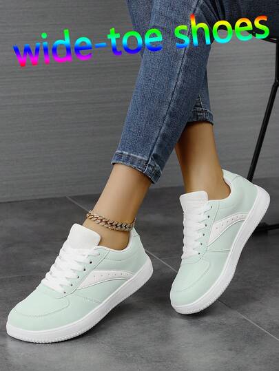 Women's Wide Toe Casual Sneakers, Women's Wide Fit Derby Shoes, Retro Flat Sports Shoes, White Color Block Design, Women's Black & White Retro Classic Low-Top Sneakers - Classic Striped Design, Lightweight, Comfortable Women's Shoes, Lace-Up Round Toe Casual Shoes, Synthetic Leather Upper, Student Shoes, Suitable For Jeans, Dresses And Daily Wear, Athletic Shoes