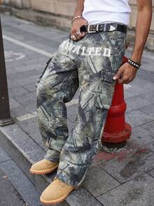 Pantaloni larghi e svasati con stampa a foglie di moda pratica per uomo, pantaloni cargo casual da esterno a gamba ampia, pantaloni da strada - Verde Oliva - Visualizzare 14