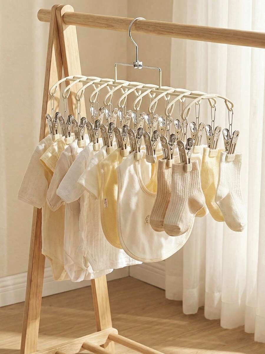 1 pieza Tendedero de acero inoxidable con 20 pinzas, percha para secar calcetines, ropa interior, lavandería en el balcón, tendedero de ropa resistente al viento para el hogar, bebé - Blanco cremoso - Ver 1