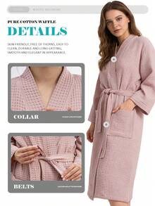 Unisex 100% Cotton Waffle Bathrobe, Lightweight Breathable Kimono Robe With Pockets - 粉色 - 查看 3