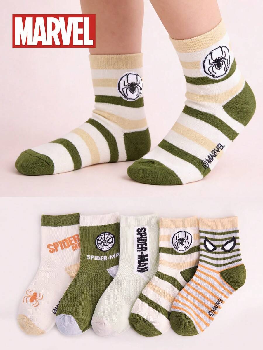 Marvel 漫威儿童蜘蛛侠和复仇者联盟超级英雄角色袜子，1/5/10双装，婴儿袜，幼儿袜，男童袜，适合夏季，绿色条纹筒袜，卡通女童袜。适合作为礼物、派对服装和日常休闲穿着——四季皆宜。 - 彩色 - 查看 1