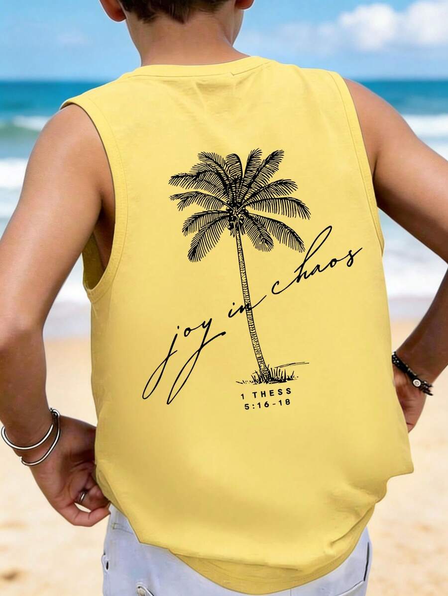 1pc Boys' Casual Letter & Palm Tree Print Sleeveless Top, New Summer Comfortable Teen Boy Clothing - Yellow - View 1
