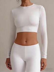 XLLAIS Fitted Long Sleeve Crew Neck T-Shirt, Elastic Double-Layer Design, White Cropped Top, Spring/Summer Clothing - White - View 2