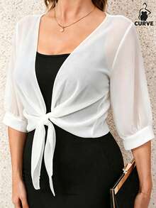 Plus Size Chiffon Tie Front Shirt, Women Summer Vacation Coverup, Sheer Casual Cover Up, Solid Color White - White - View 4