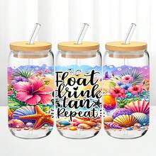 1个/5个16盎司夏季沙滩玻璃杯，带竹盖和吸管，热带花卉贝壳冰咖啡杯，“漂浮、饮用、晒黑、重复”度假水瓶。 - 多色-夏日海灘 - 查看 1