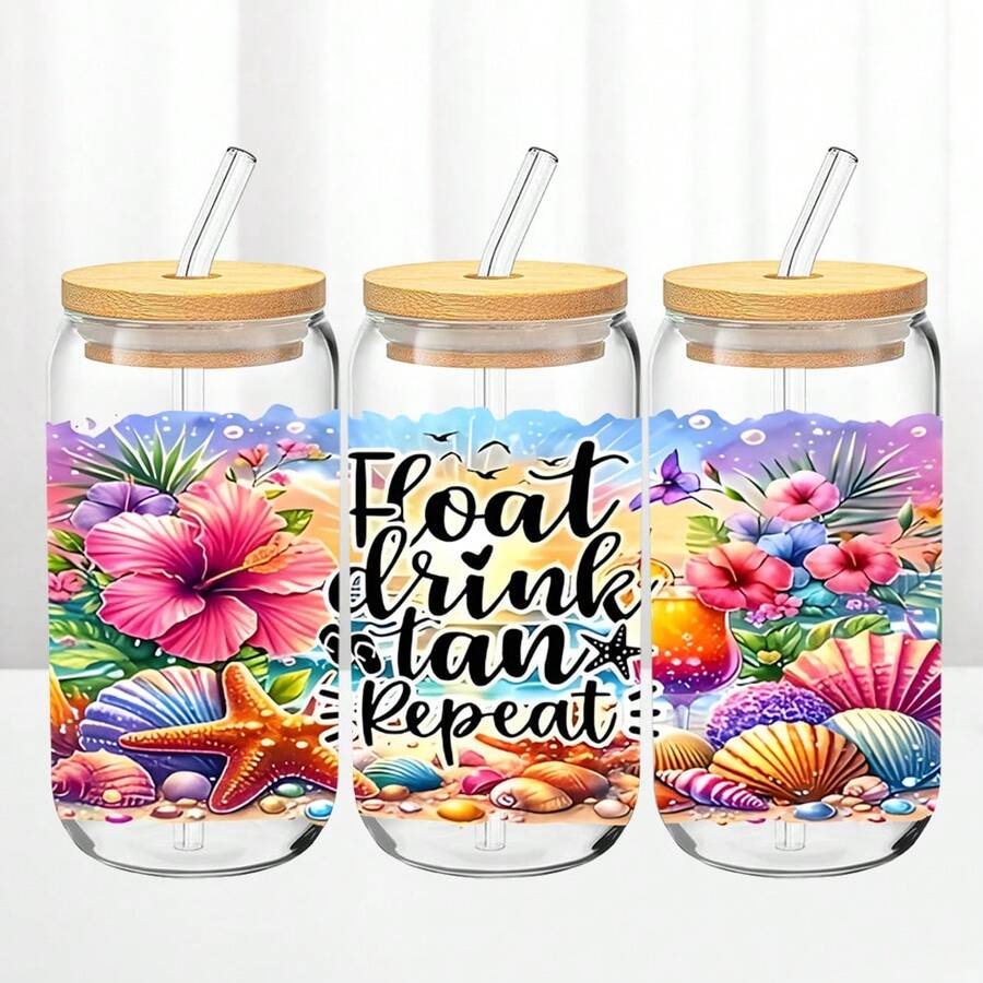 1个/5个16盎司夏季沙滩玻璃杯，带竹盖和吸管，热带花卉贝壳冰咖啡杯，“漂浮、饮用、晒黑、重复”度假水瓶。 - 多色-夏日海灘 - 查看 1