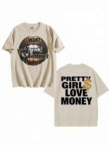 Fly "I Want Your Money" Hip-Hop Flow T-Shirt Pure Cotton Double-Sided Printed T-Shirt, Suitable For Men And Women,Top Pick Gift For Summer Casual Tees - 杏色 - 查看 2