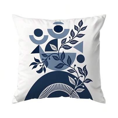 1件极简植物线条抽象图案藏蓝色枕套，单面印花，适用于客厅、卧室、家居装饰，四季皆宜