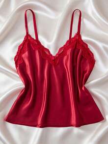 5pcs Solid Color Satin & Lace Patchwork Pajama Set, Including Long Sleeve Robe, V-Neck Camisole, Shorts, Pants And Belt, Elegant Women Sleepwear Loungewear - Burgundy - View 4