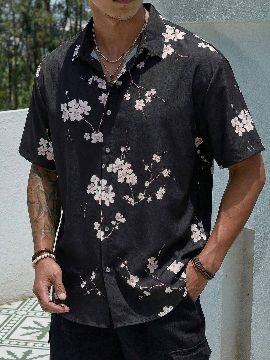 FRACTYR 男士夏季日式樱花印花衬衫，双面设计，宽松透气休闲短袖衬衫 - 黑色 - 查看 1