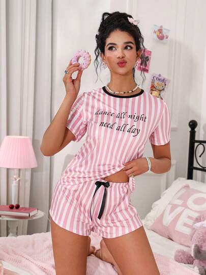 Women's New Bow Tie Logo Striped Print Sleepwear Set, English Letter Short Sleeve Shorts 2-Piece Casual Loungewear