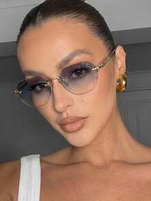 Visivana 1 paire de lunettes de mode pour femmes, monture métallique sans cadre, dégradé, style polygonal, tenue personnalisée, style de rue, mode de vacances, élégantes et modernes - Thé bleu - Voir 3