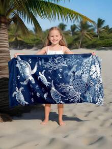 1pc Ocean Element Sea Turtle & Coral Children Beach Towel, Super Soft Microfiber Extra Large Beach Blanket, Super Absorbent Bath Towel, Suitable For Travel, Swimming Pool, Diving, Surfing, Yoga, Camping, Available In Multiple Sizes, Beach Accessories - Multicolor - View 8
