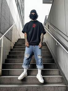 男士哥特朋克骷髅图案宽松街头风短袖T恤 - 黑色 - 查看 5