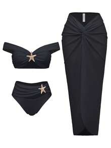 3 Piece Swimsuits For Women Sexy Summer Gold Off-Shoulder Bikini Sets Cover Up Skirt Bathing Suit,  3-Piece Bikini With Mesh Sarong Skirt Bathing Suits For Ladies Vegas Beach Outfits Honeymoon - 黑色 - 查看 1