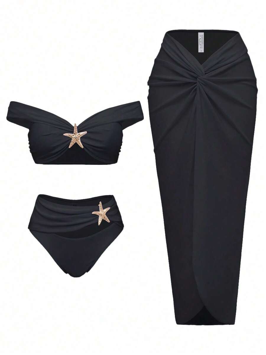3 Piece Swimsuits For Women Sexy Summer Gold Off-Shoulder Bikini Sets Cover Up Skirt Bathing Suit, 3-Piece Bikini With Mesh Sarong Skirt Bathing Suits For Ladies Vegas Beach Outfits Honeymoon - 黑色 - 查看 1