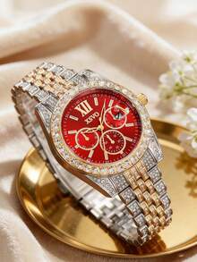 1 pezzo Orologio da uomo in acciaio con quadrante a numeri romani e diamanti, di moda, adatto per abbinamenti quotidiani, compleanni, regali per uomo, anniversari, di fine anno, Single's Day, Ognissanti, senza scatola regalo - Rosso - Visualizzare 3