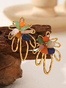 Frminee 1 Đôi bông tai mùa hè kiểu retro họa tiết hoa bằng thép không gỉ mạ vàng 18K, phong cách Bohemian, phù hợp để đeo hàng ngày và trong các dịp lễ, món quà trang sức thời trang phương Tây dành cho phụ nữ. - Vàng - Xem 1