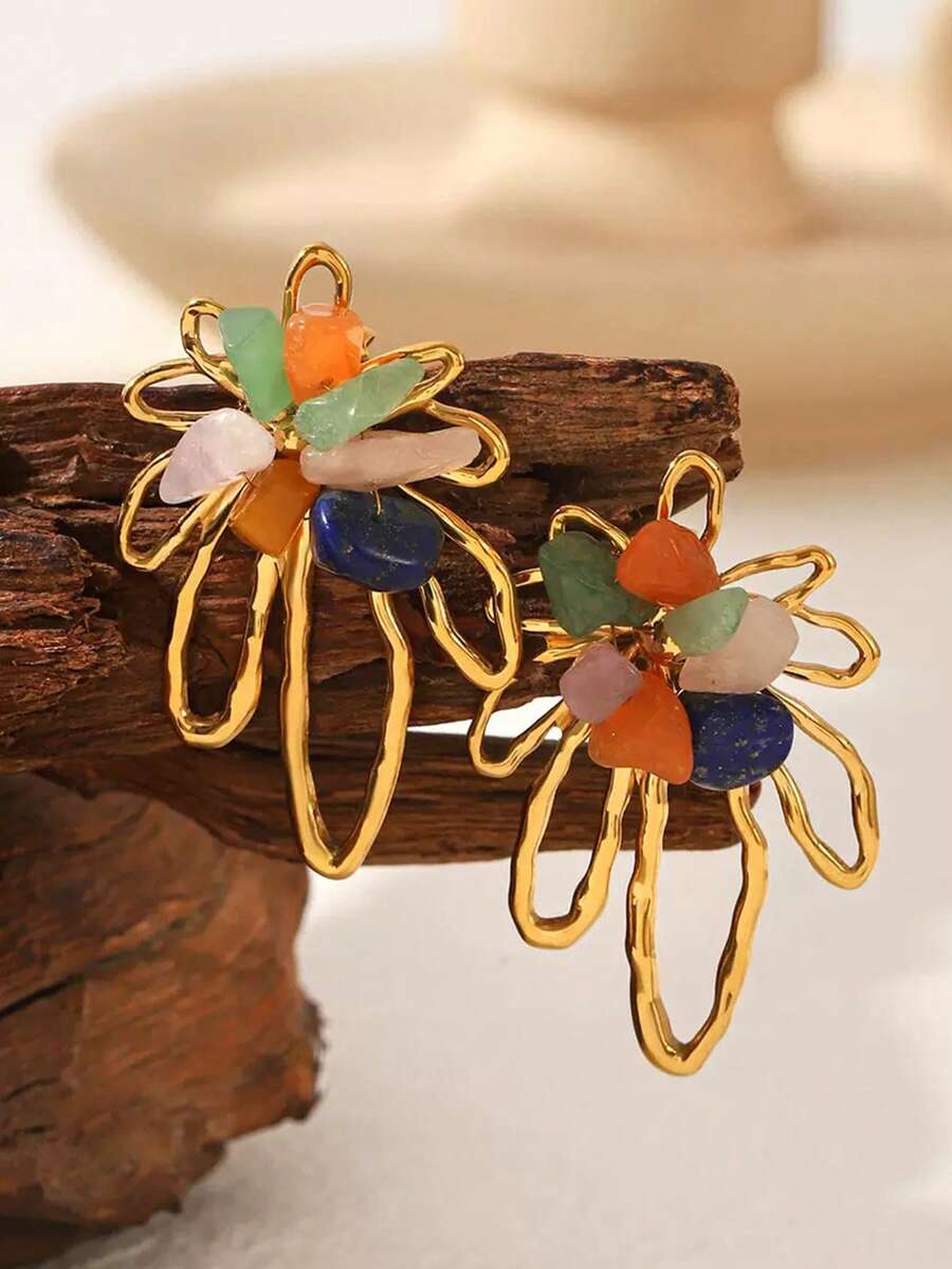 Frminee 1 Đôi bông tai mùa hè kiểu retro họa tiết hoa bằng thép không gỉ mạ vàng 18K, phong cách Bohemian, phù hợp để đeo hàng ngày và trong các dịp lễ, món quà trang sức thời trang phương Tây dành cho phụ nữ. - Vàng - Xem 1
