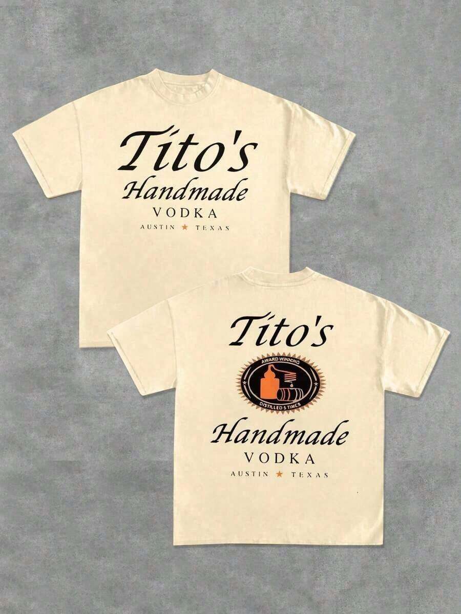1 PcsTito's Handmade Vodka - Brand - Inspired Black T - Shirt - Front And Back With "Tito's Handmade Vodka" Typography And Logo! 100% Cotton 220g Double - Sided Printed T - Shirt180g 100% Cottonsummer Tops - 杏色 - 查看 1