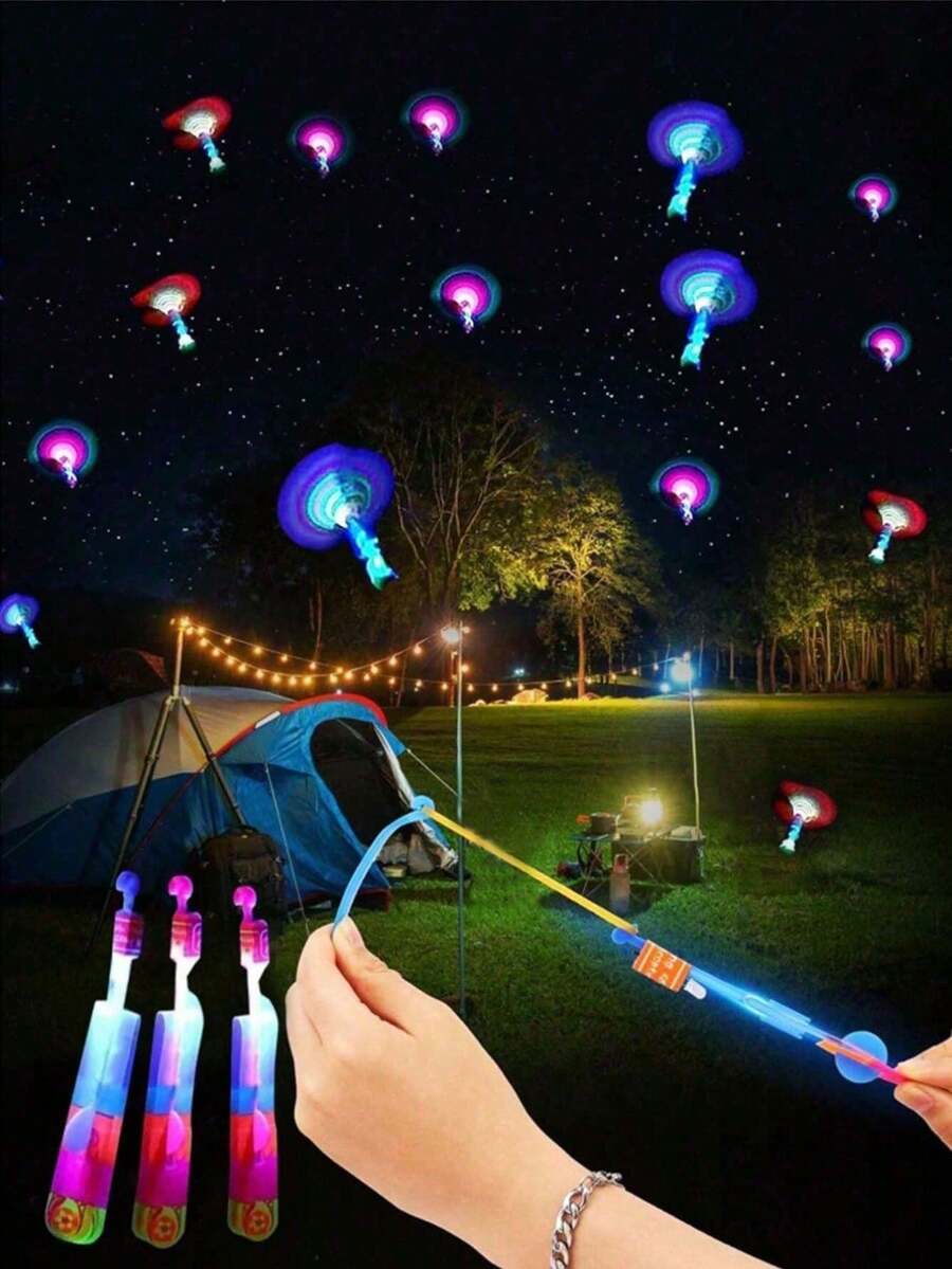 30个装神奇发光箭火箭直升机飞行LED灯派对趣味礼物橡皮筋弹射器，火箭直升机飞行玩具，弹性直升机旋转玩具，派对趣味礼物，弹弓飞行直升机，玩具，感官灯，舒缓烦躁玩具，生日礼物，圣诞礼物，节日玩具 - 彩色 - 查看 1