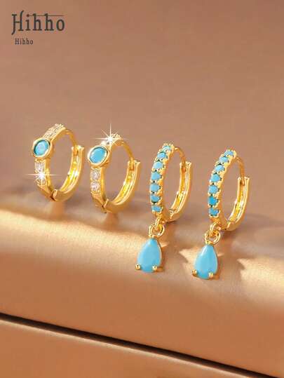 Hihho 4pcs Unique Fashion Niche Design Elegant Turquoise Inlaid Earrings Set, Sophisticated Women's Earrings Decoration Gift Suitable For Daily, Festival, Shopping, Travel Wear