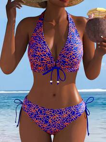 Bộ bikini 2 mảnh cạp cao họa tiết hoa đen trắng có thể điều chỉnh, đồ bơi đi biển mùa hè dành cho nữ, thích hợp cho kỳ nghỉ. - Màu tím - Xem 1