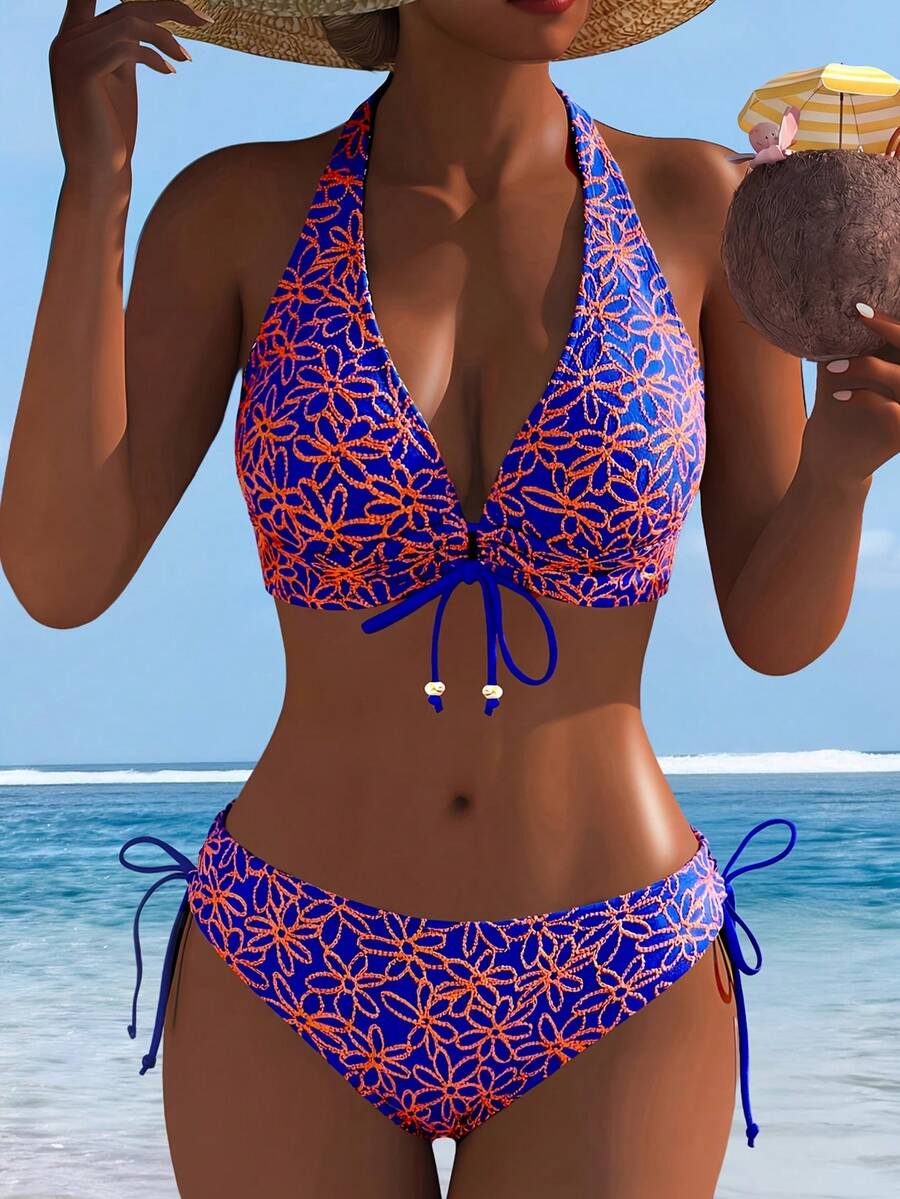 Bộ bikini 2 mảnh cạp cao họa tiết hoa đen trắng có thể điều chỉnh, đồ bơi đi biển mùa hè dành cho nữ, thích hợp cho kỳ nghỉ. - Màu tím - Xem 1