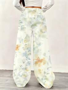 Floral Print Wide Leg Pants Cream Color Casual Loose Fit Women Sweatpants With Drawstring Elastic Waist Comfortable Joggers For Leisure And Sports Activities - 彩色 - 查看 4