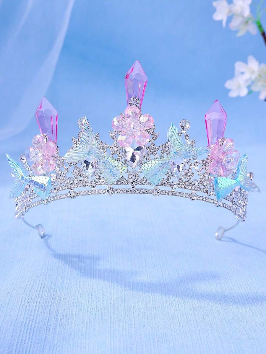 1件套优雅水晶公主皇冠，海星，贝壳，美人鱼尾巴发箍，表演/生日礼物发箍 - 彩色 - 查看 1