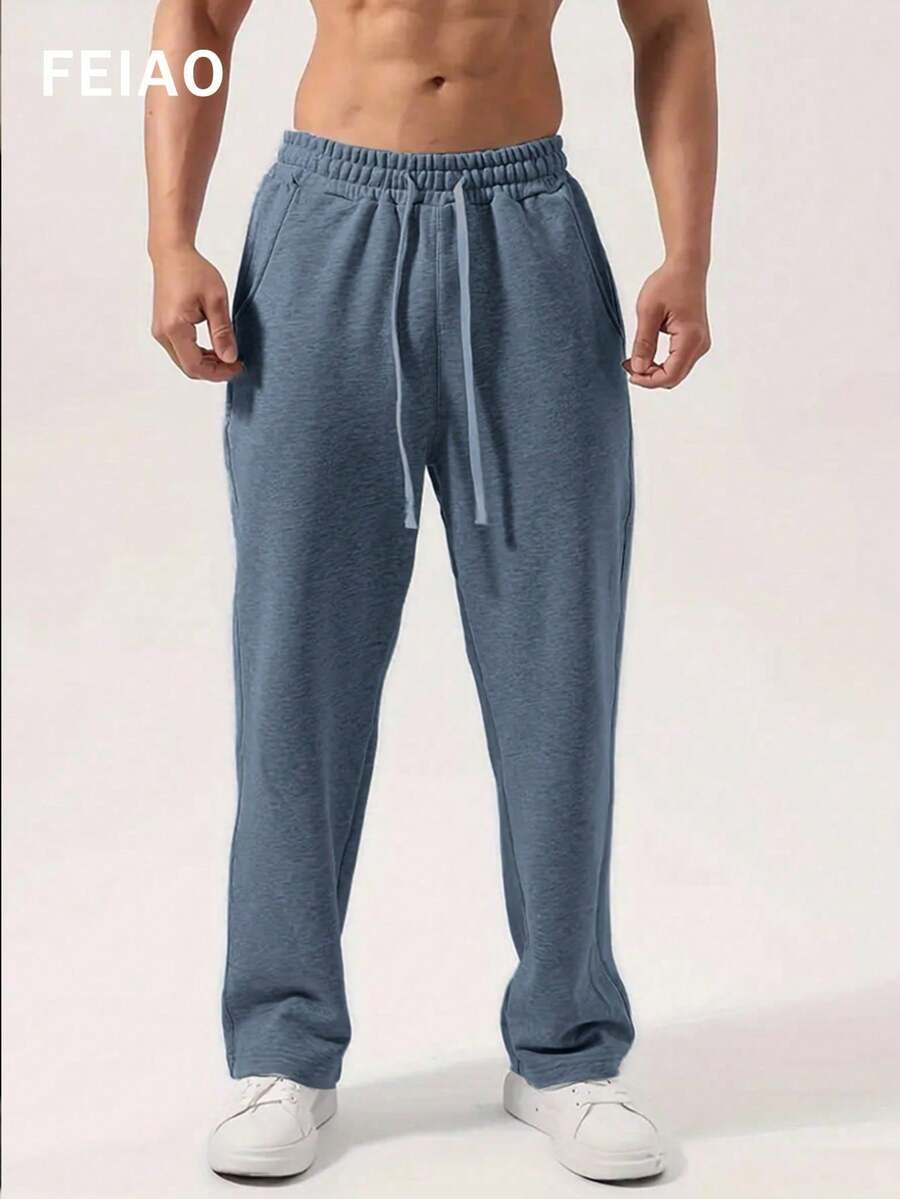 Men's Retro Drawstring Casual Pants, Suitable For All Seasons, Autumn/Winter, With Thin Fleece Lining - Dusty Blue - View 1